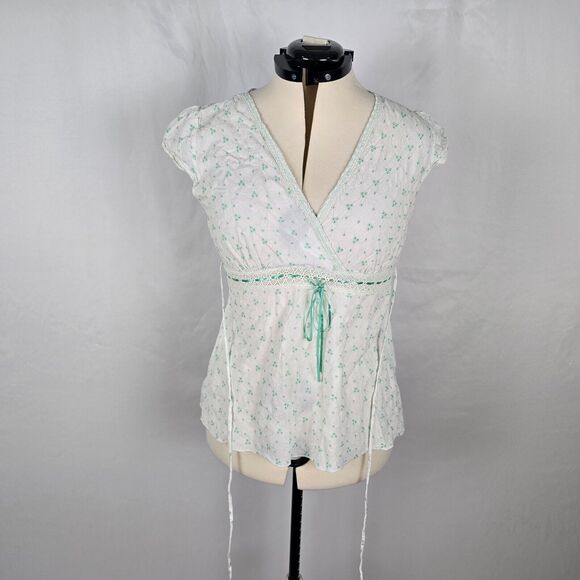 Gemini Blouse Women's XL White Green Floral Embordering Front & Back Ties Wrap - Picture 1 of 16